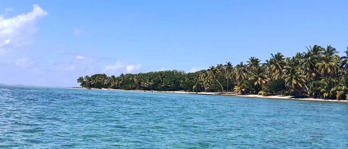 Eau turquoise transparente vue depuis un bateau, un îlot de cocotiers à l'horizon