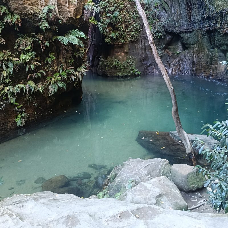 Piscine naturelle aux eaux turquoise au fond d'un canyon de l'Isalo